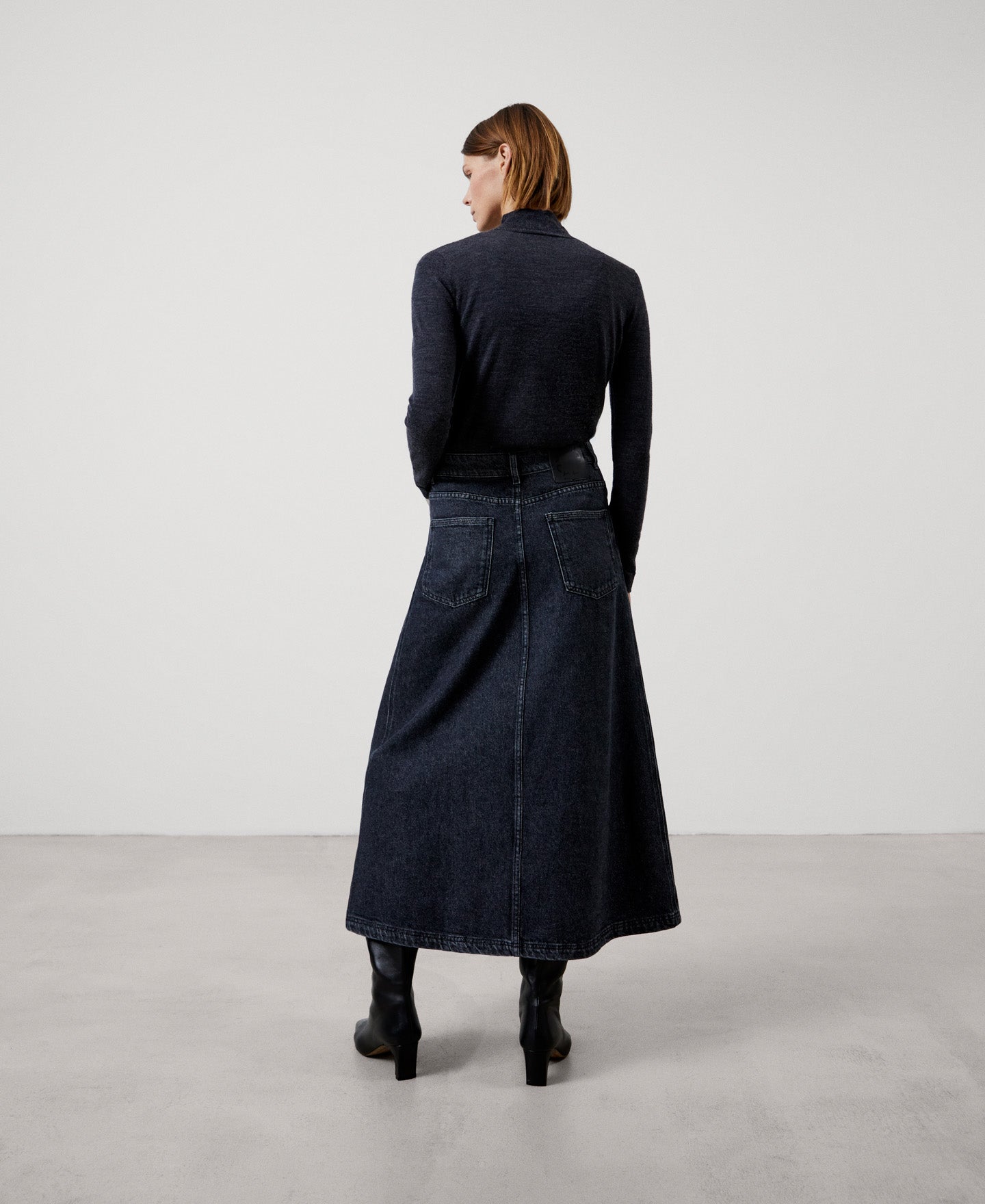 Women Skirt | Grey Denim Cotton Midi Skirt by Spanish designer Adolfo Dominguez