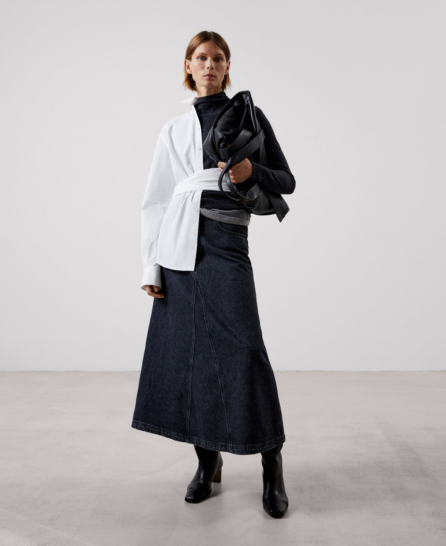 Women Skirt | Grey Denim Cotton Midi Skirt by Spanish designer Adolfo Dominguez