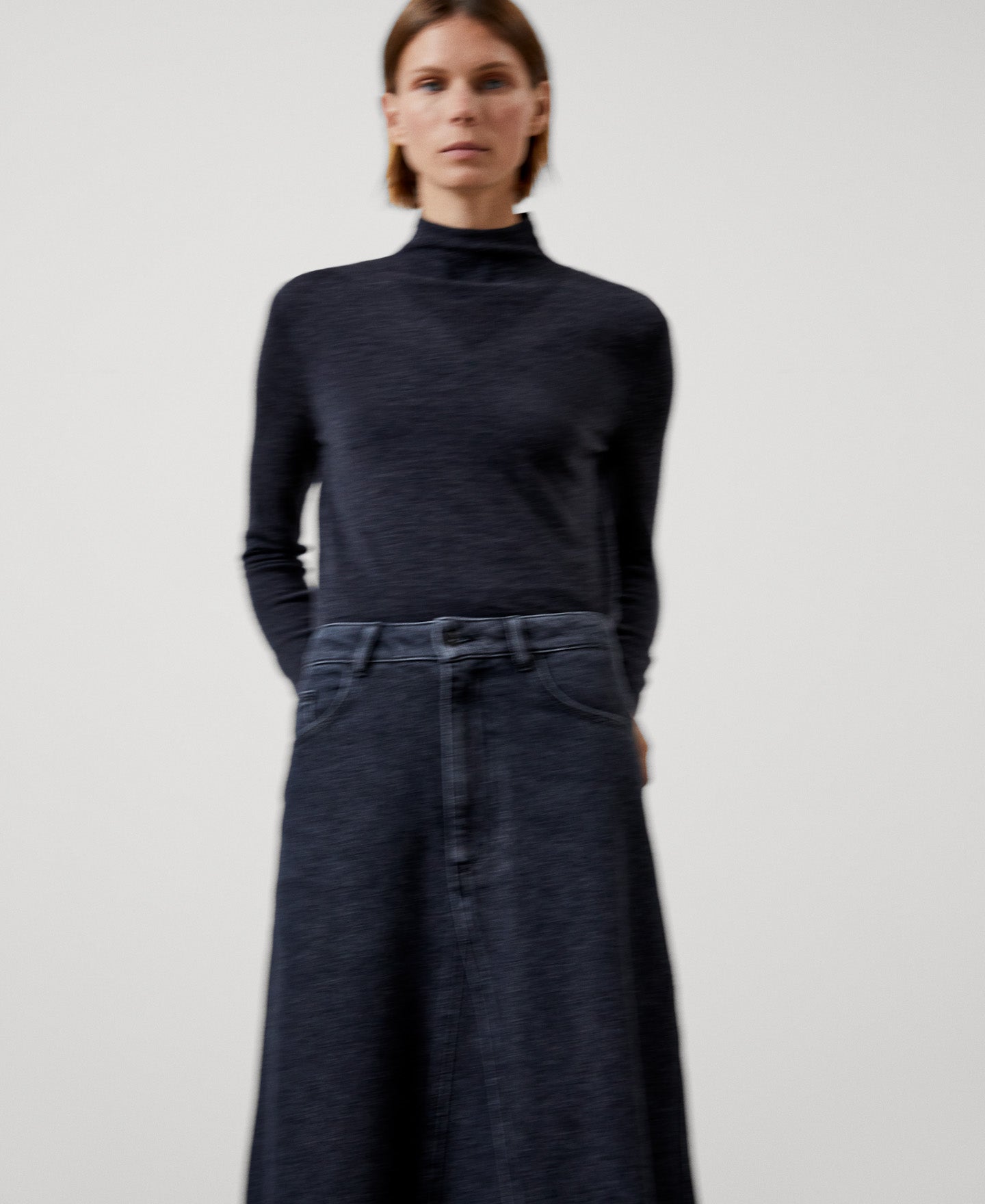 Women Skirt | Grey Denim Cotton Midi Skirt by Spanish designer Adolfo Dominguez