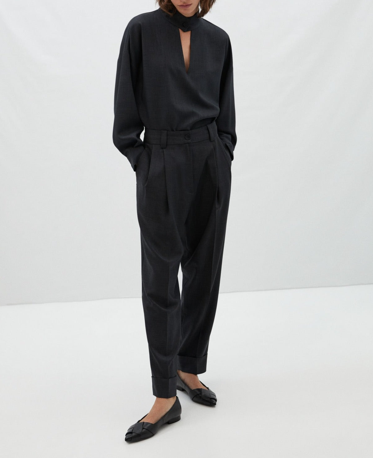 Women Trousers | Grey High Waisted Trousers by Spanish designer Adolfo Dominguez