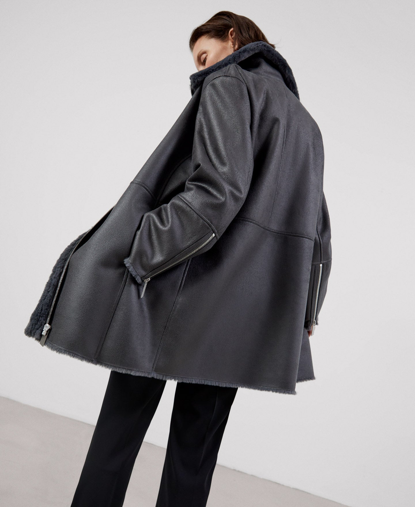 Women Ecoleather | Grey Leather Textured Jacket by Spanish designer Adolfo Dominguez