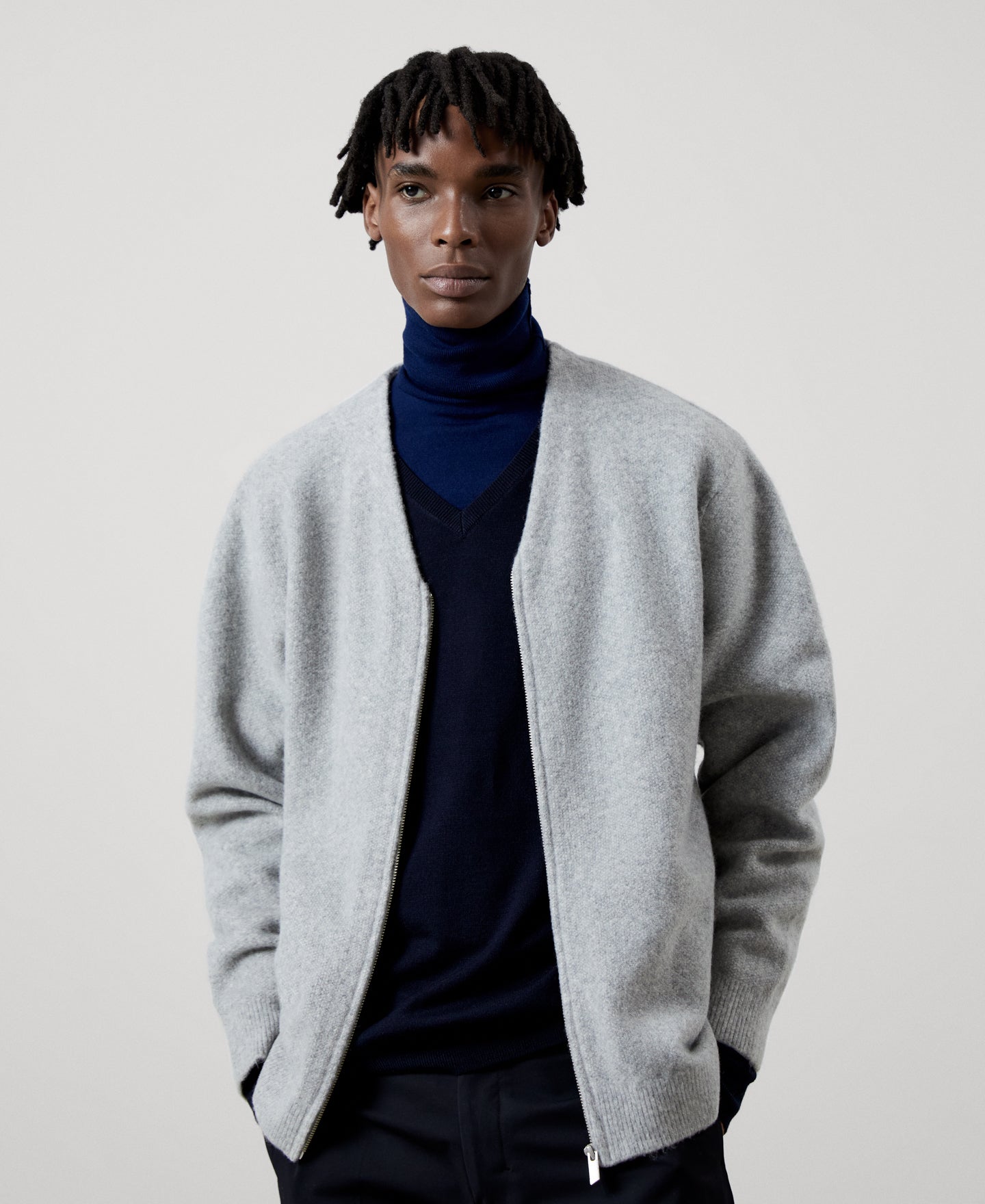Men Knit Jacket | Grey Melange Knitted Jacket In Wool Fabric by Spanish designer Adolfo Dominguez