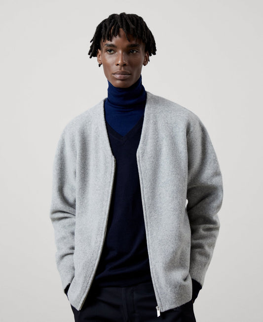 Men Knit Jacket | Grey Melange Knitted Jacket In Wool Fabric by Spanish designer Adolfo Dominguez