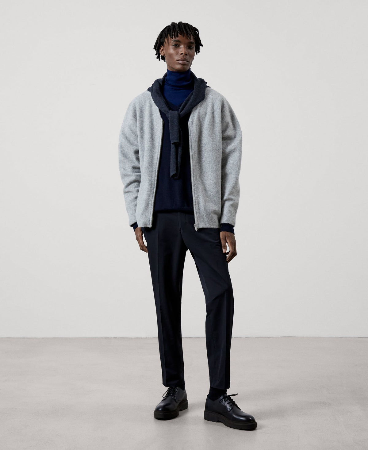 Men Knit Jacket | Grey Melange Knitted Jacket In Wool Fabric by Spanish designer Adolfo Dominguez