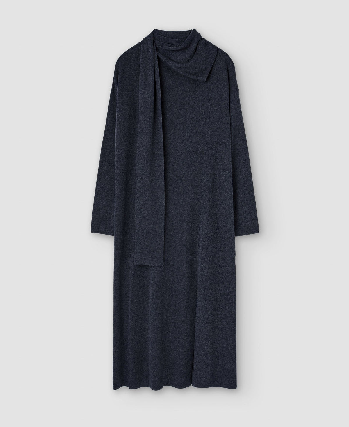 Women Dress | Grey Melange Long Scarf-Collar Dress In Lyocell by Spanish designer Adolfo Dominguez
