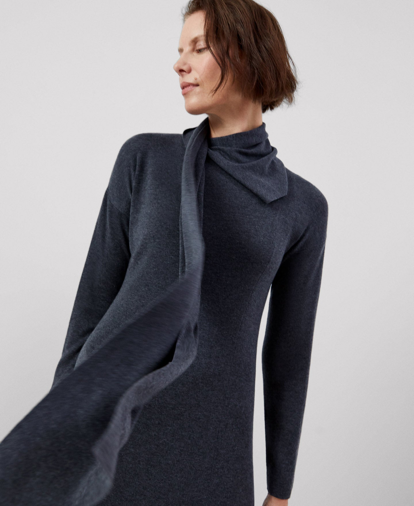 Women Dress | Grey Melange Long Scarf-Collar Dress In Lyocell by Spanish designer Adolfo Dominguez