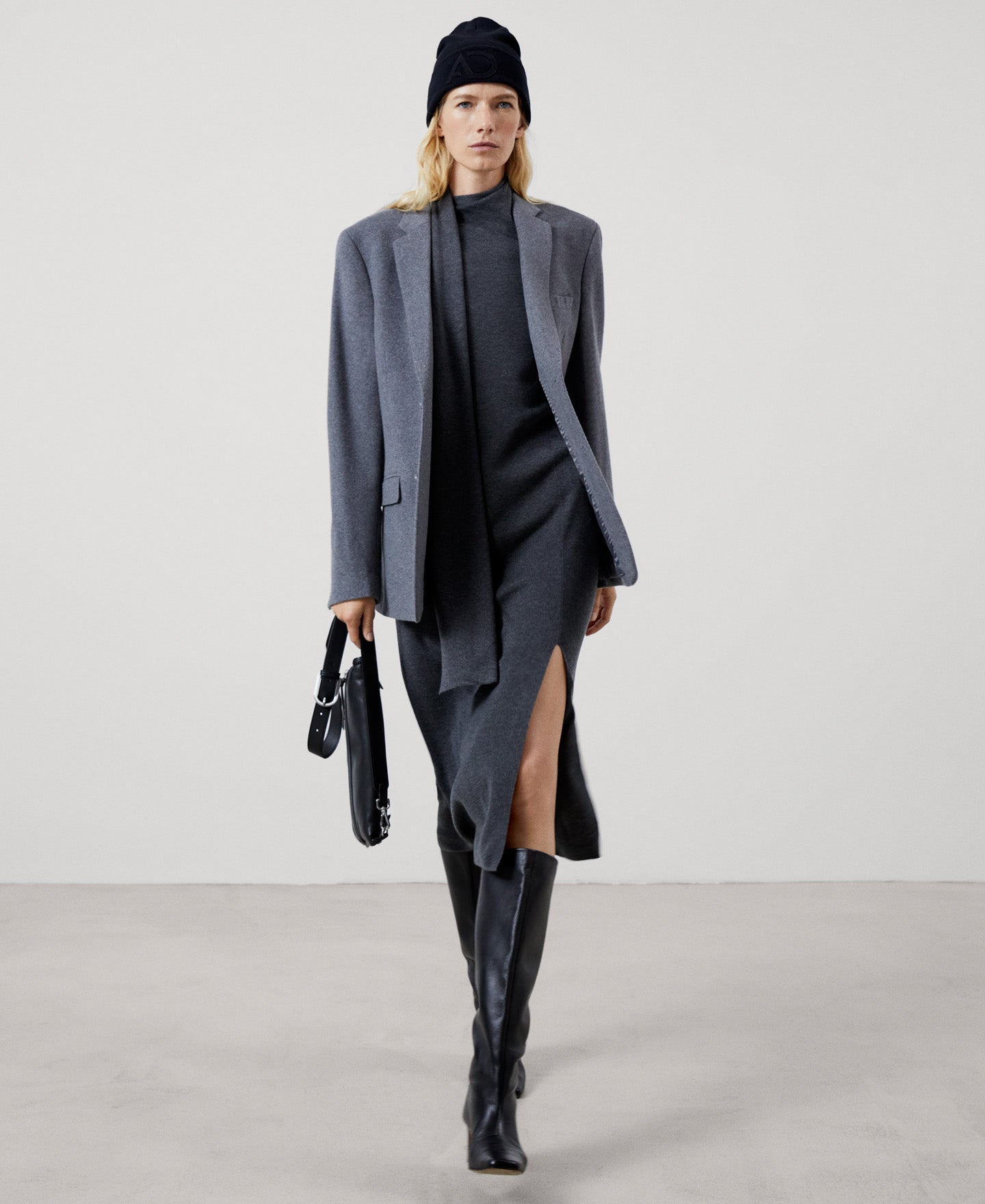 Women Dress | Grey Melange Long Scarf-Collar Dress In Lyocell by Spanish designer Adolfo Dominguez