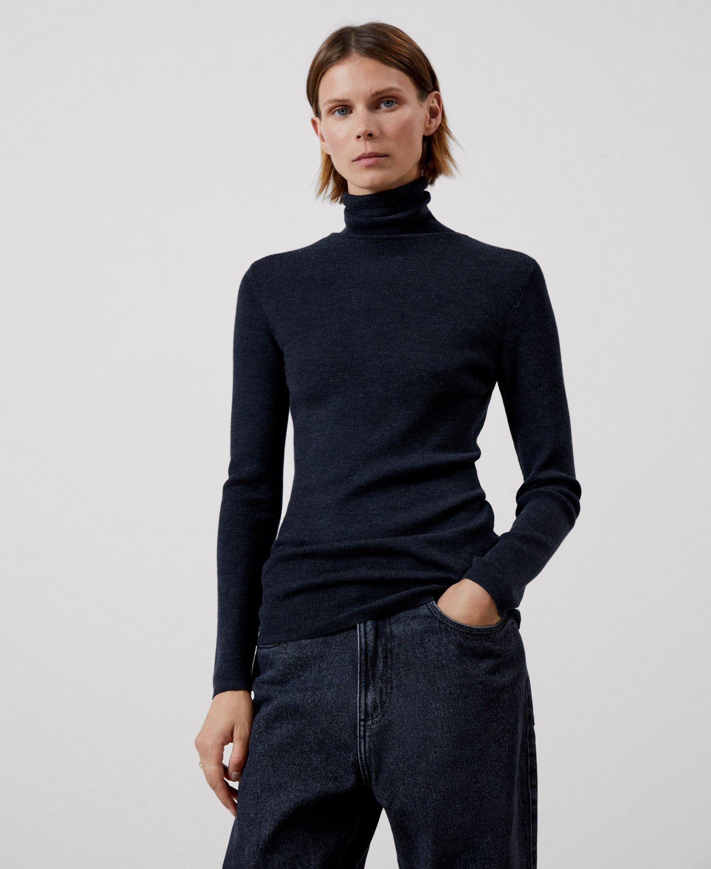Women Jersey | Grey Melange Merino Wool High Collar Sweater by Spanish designer Adolfo Dominguez