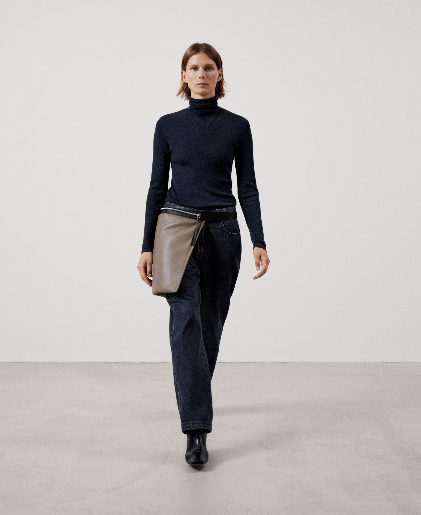 Women Jersey | Grey Melange Merino Wool High Collar Sweater by Spanish designer Adolfo Dominguez