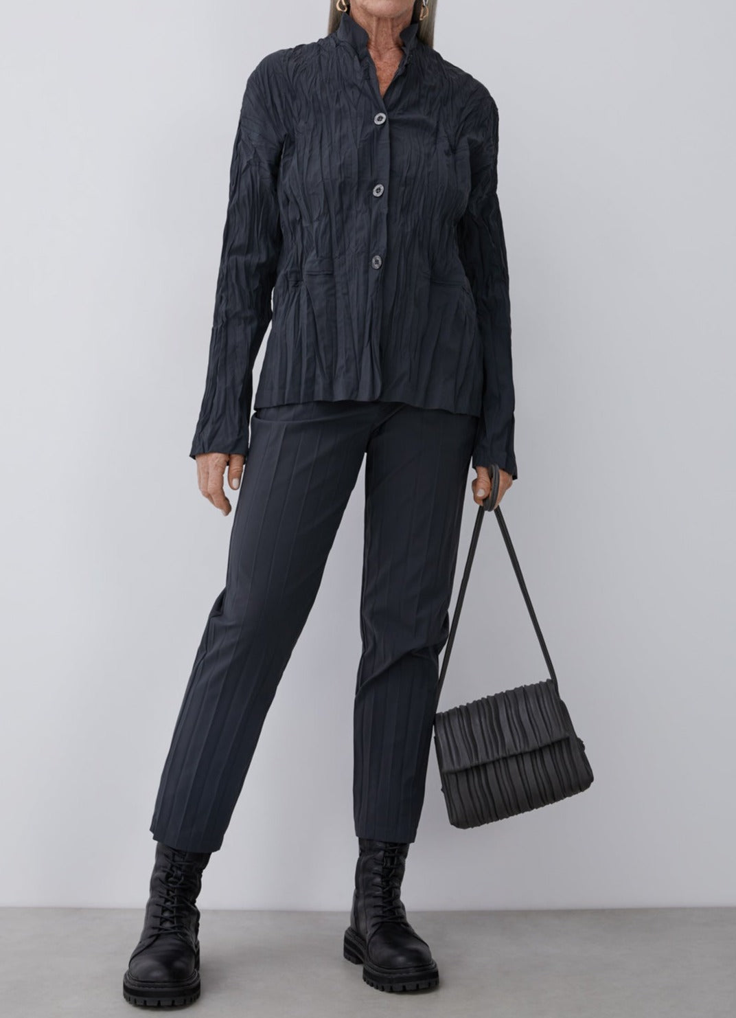 Women Unstructured Jacket | Grey Pleated Overshirt by Spanish designer Adolfo Dominguez