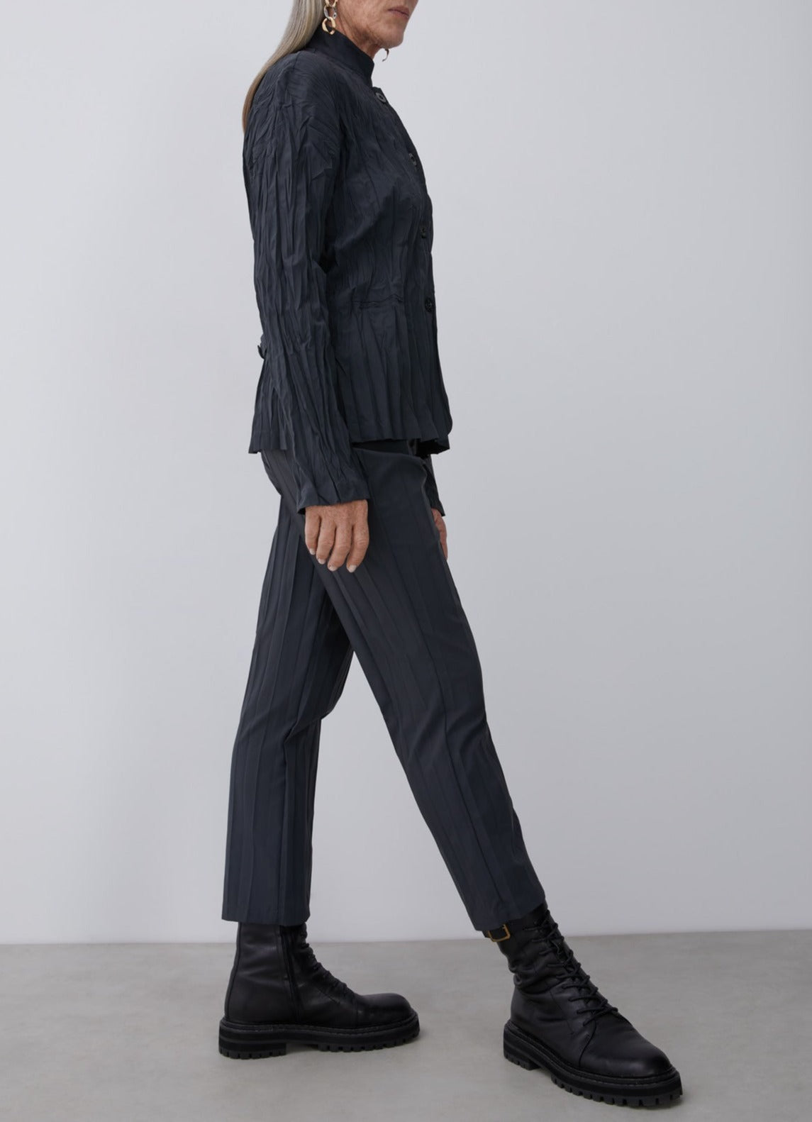 Women Unstructured Jacket | Grey Pleated Overshirt by Spanish designer Adolfo Dominguez