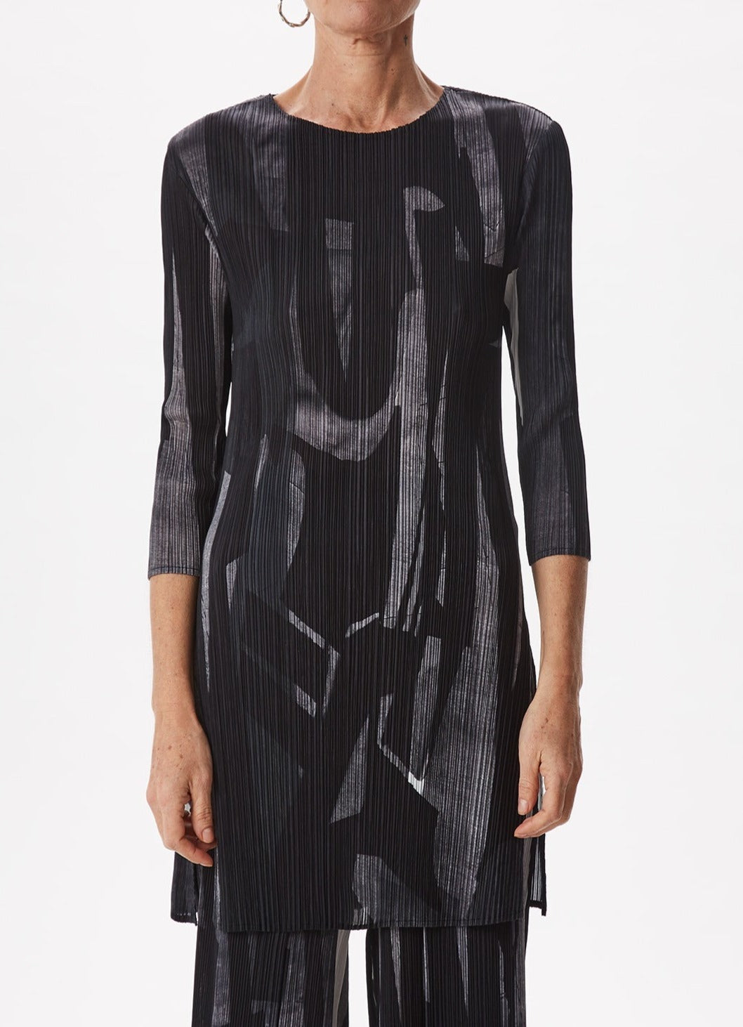 Women Shirt | Grey Print Crinkle Shirt With French Sleeve by Spanish designer Adolfo Dominguez