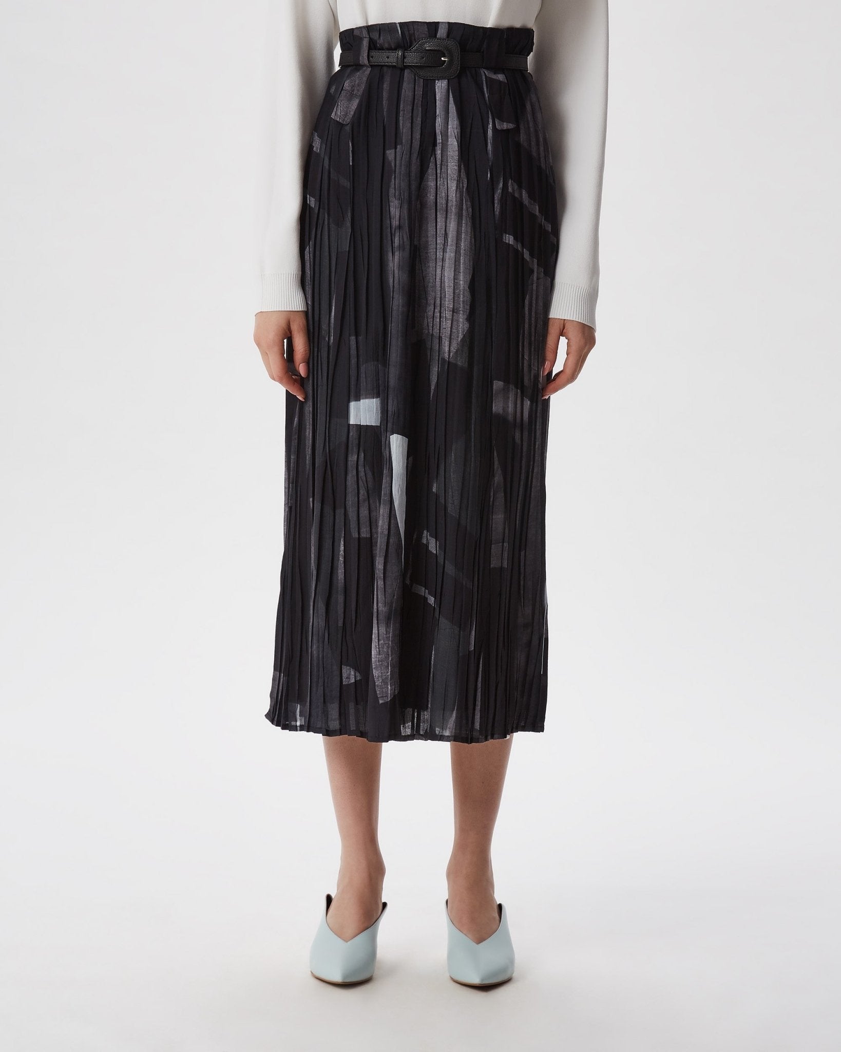 Women Skirt | Grey Print Pleated And Printed Midi Skirt by Spanish designer Adolfo Dominguez