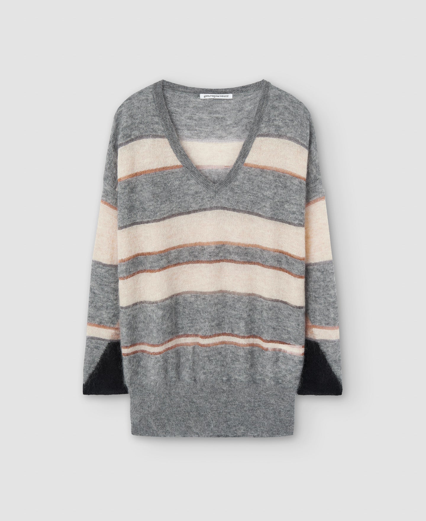 Women Jersey | Grey Stripe V-Neck Mohair Knitted Sweater by Spanish designer Adolfo Dominguez