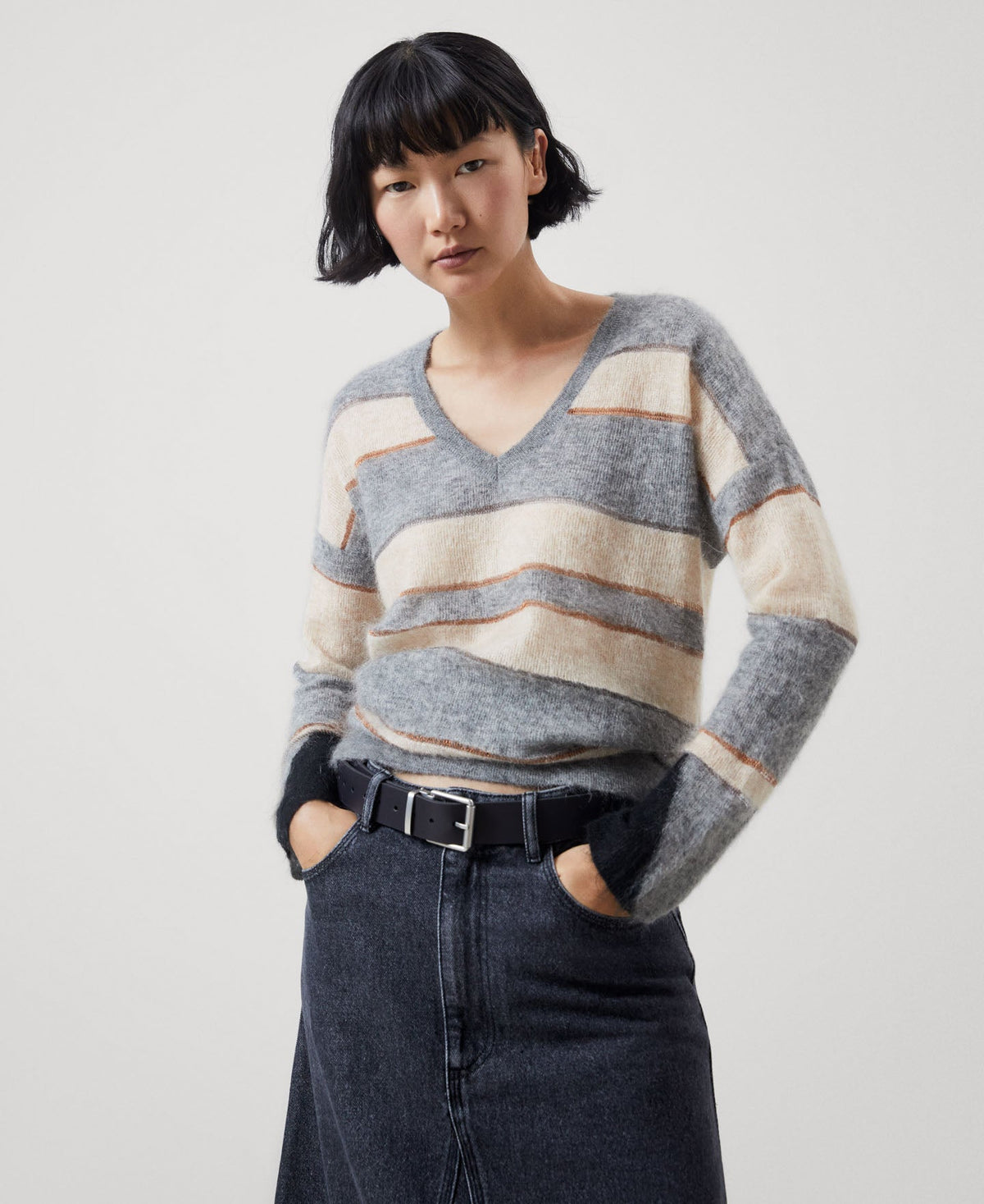 Women Jersey | Grey Stripe V-Neck Mohair Knitted Sweater by Spanish designer Adolfo Dominguez