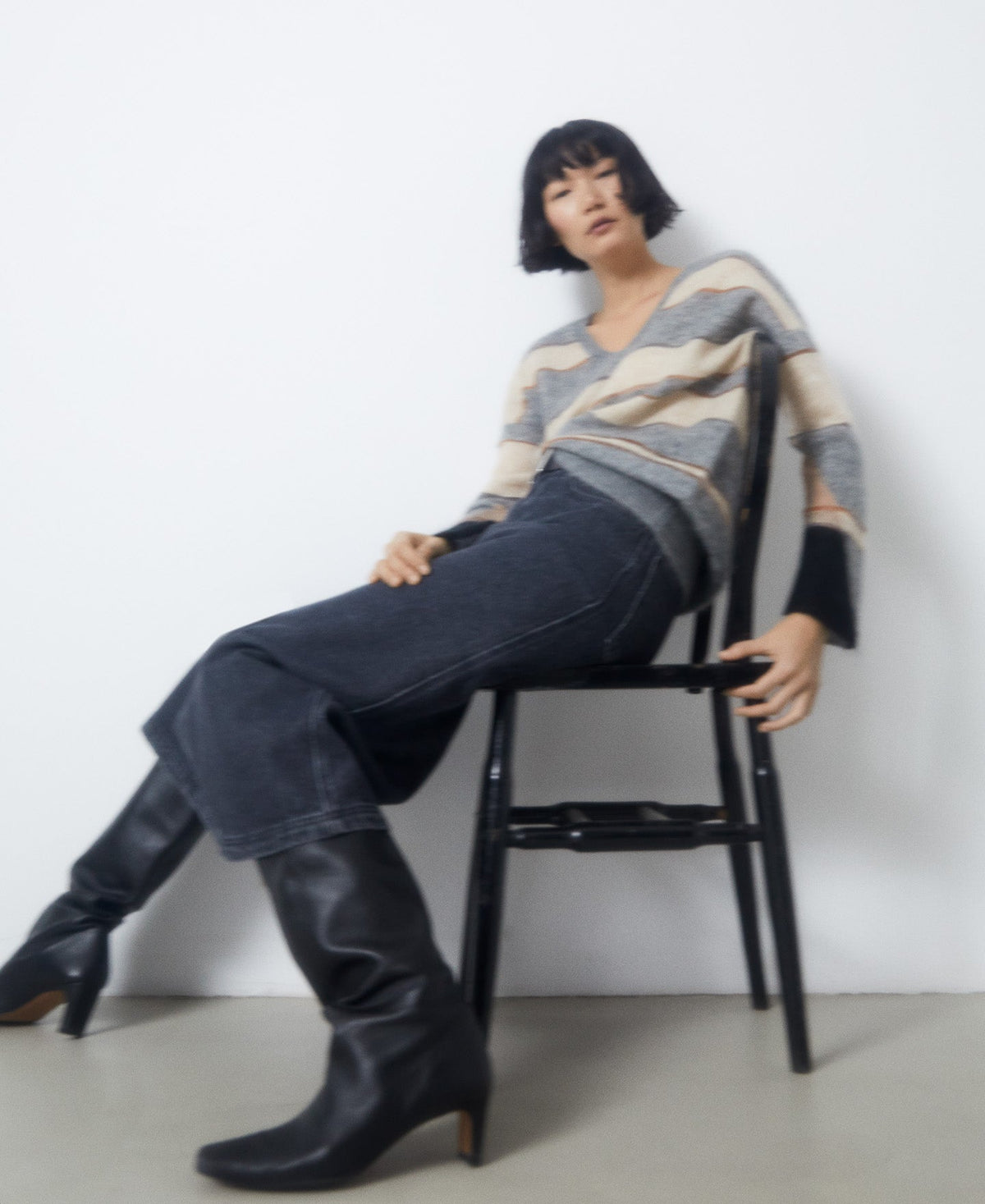 Women Jersey | Grey Stripe V-Neck Mohair Knitted Sweater by Spanish designer Adolfo Dominguez