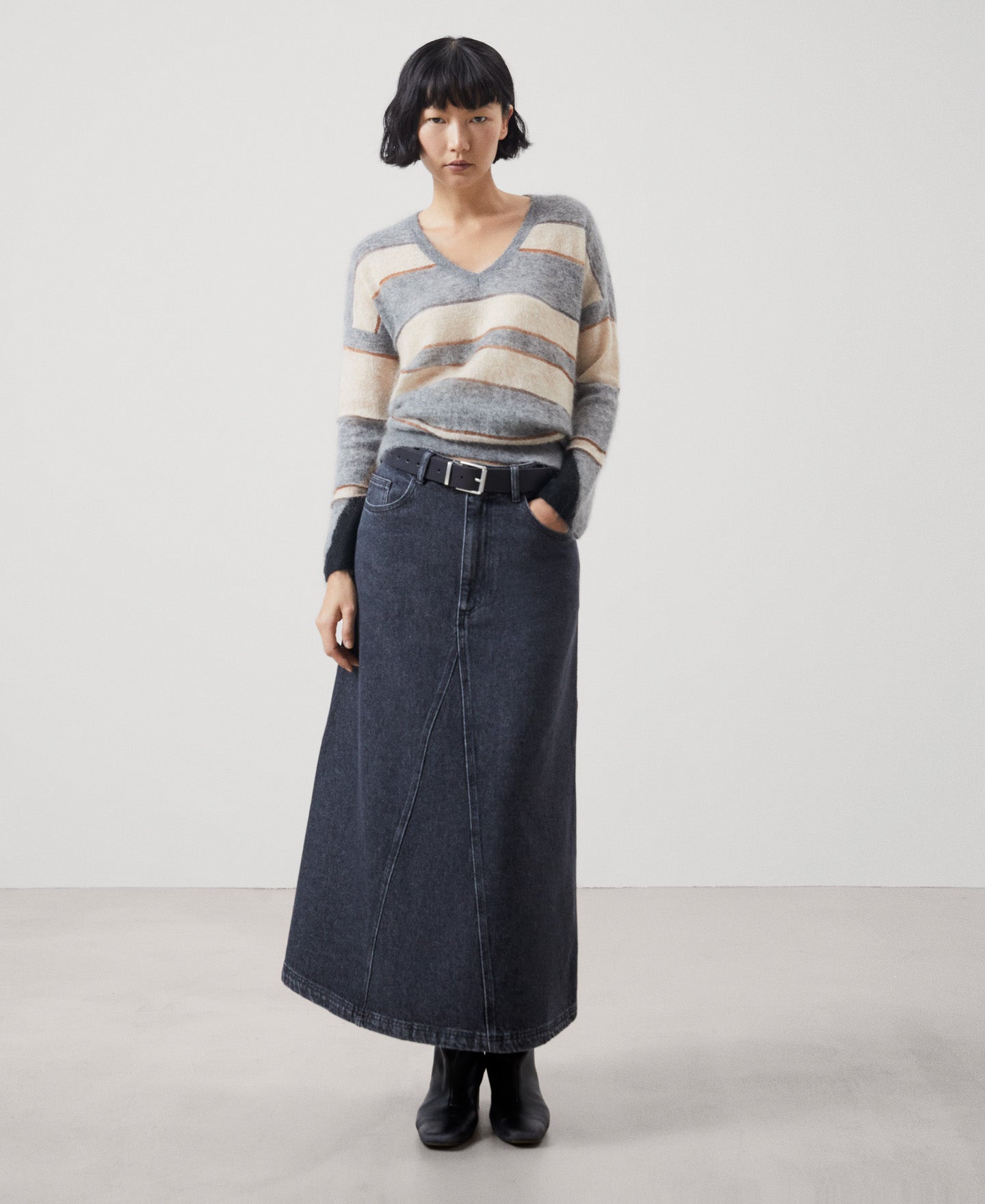 Women Jersey | Grey Stripe V-Neck Mohair Knitted Sweater by Spanish designer Adolfo Dominguez