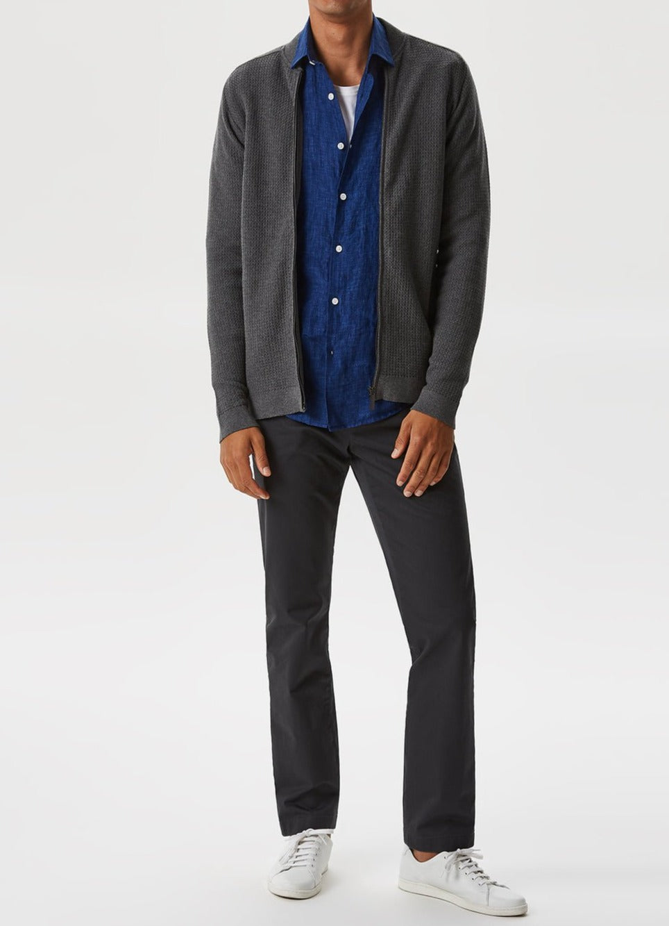 Men Knit Jacket | Grey Textured Cardigan With Varsity Collar by Spanish designer Adolfo Dominguez