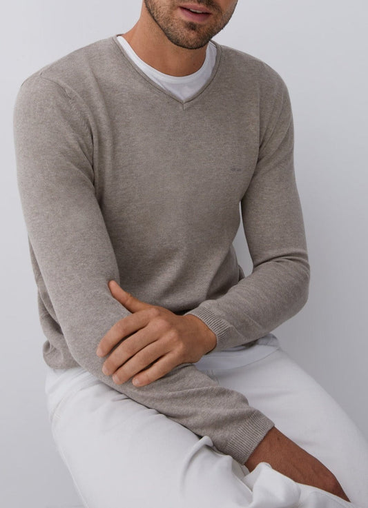Men Jersey | Grey V-Neckline Sweater With Roll Edge Collar by Spanish designer Adolfo Dominguez