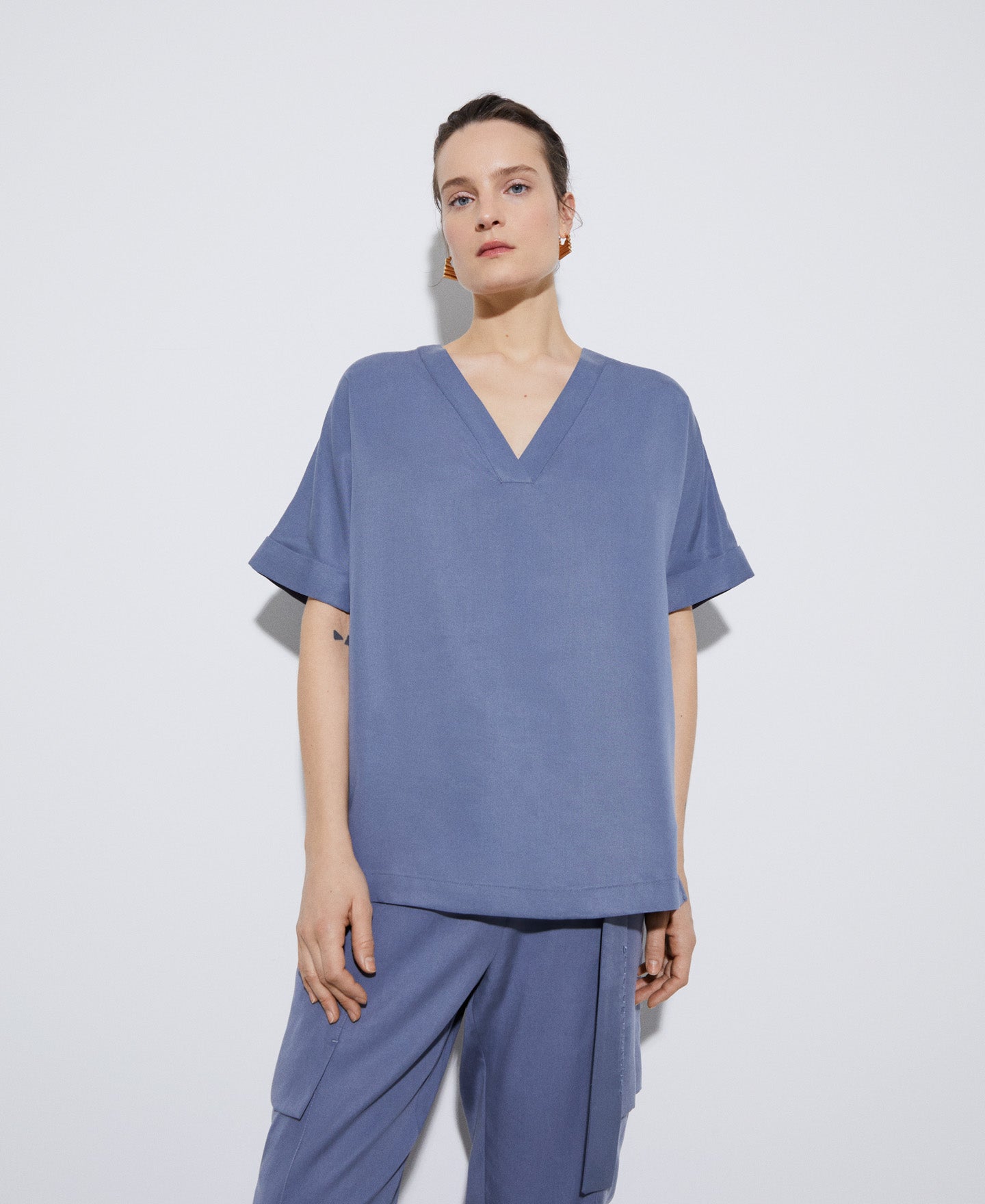 Women Shirt | Grey/Blue Short Sleeve Japanese Blouse In Lyocell by Spanish designer Adolfo Dominguez