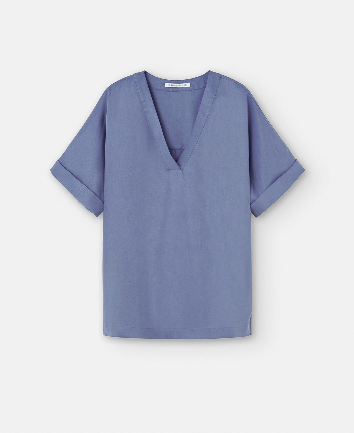 Women Shirt | Grey/Blue Short Sleeve Japanese Blouse In Lyocell by Spanish designer Adolfo Dominguez
