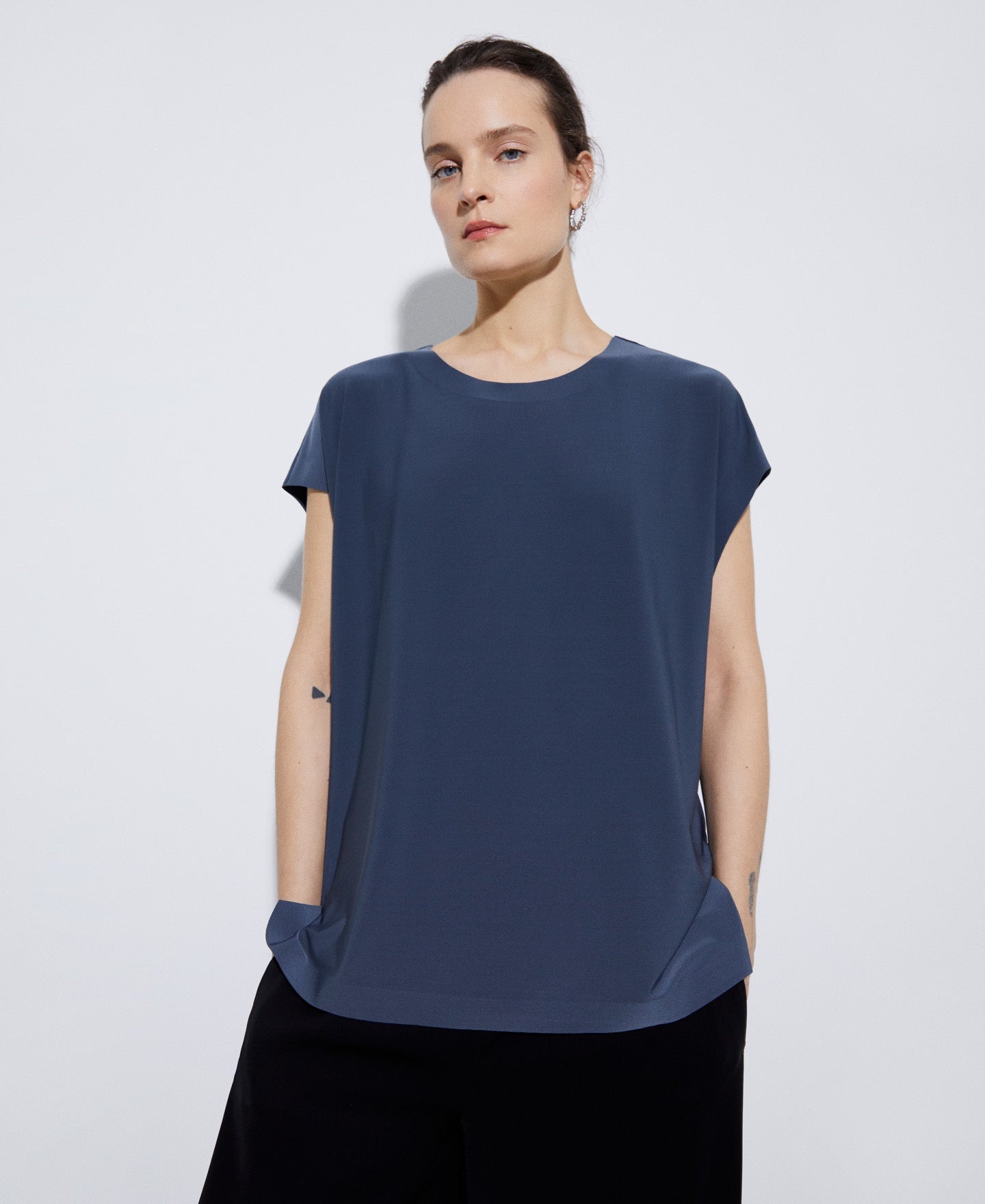 Women T-Shirt (Short Sleeve) | Gunmetal Grey Box Neckline T-Shirt by Spanish designer Adolfo Dominguez