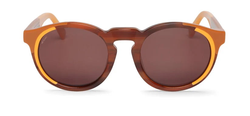 Round sunglasses with brown lenses and orange and brown frame on a white background
