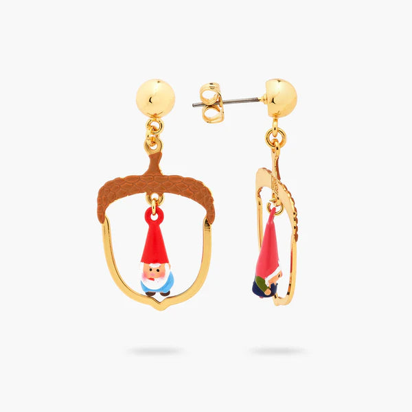 Hazelnut And Garden Gnome Asymmetrical Earrings | ascp1011
