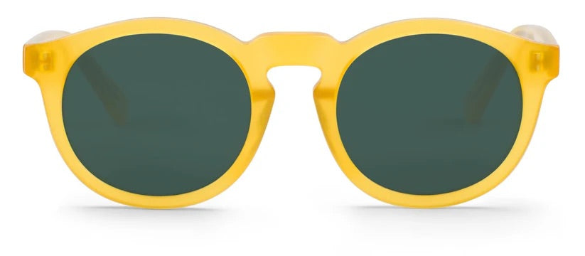 Rounded yellow sunglasses with dark lenses on a white background