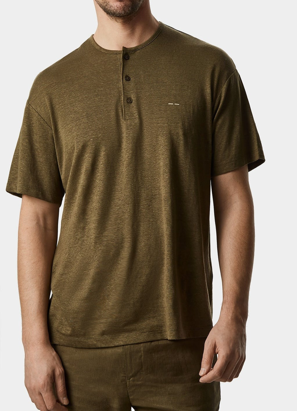 Men T-Shirt (Short Sleeve) | Ike Green Button Neck Linen T-Shirt by Spanish designer Adolfo Dominguez
