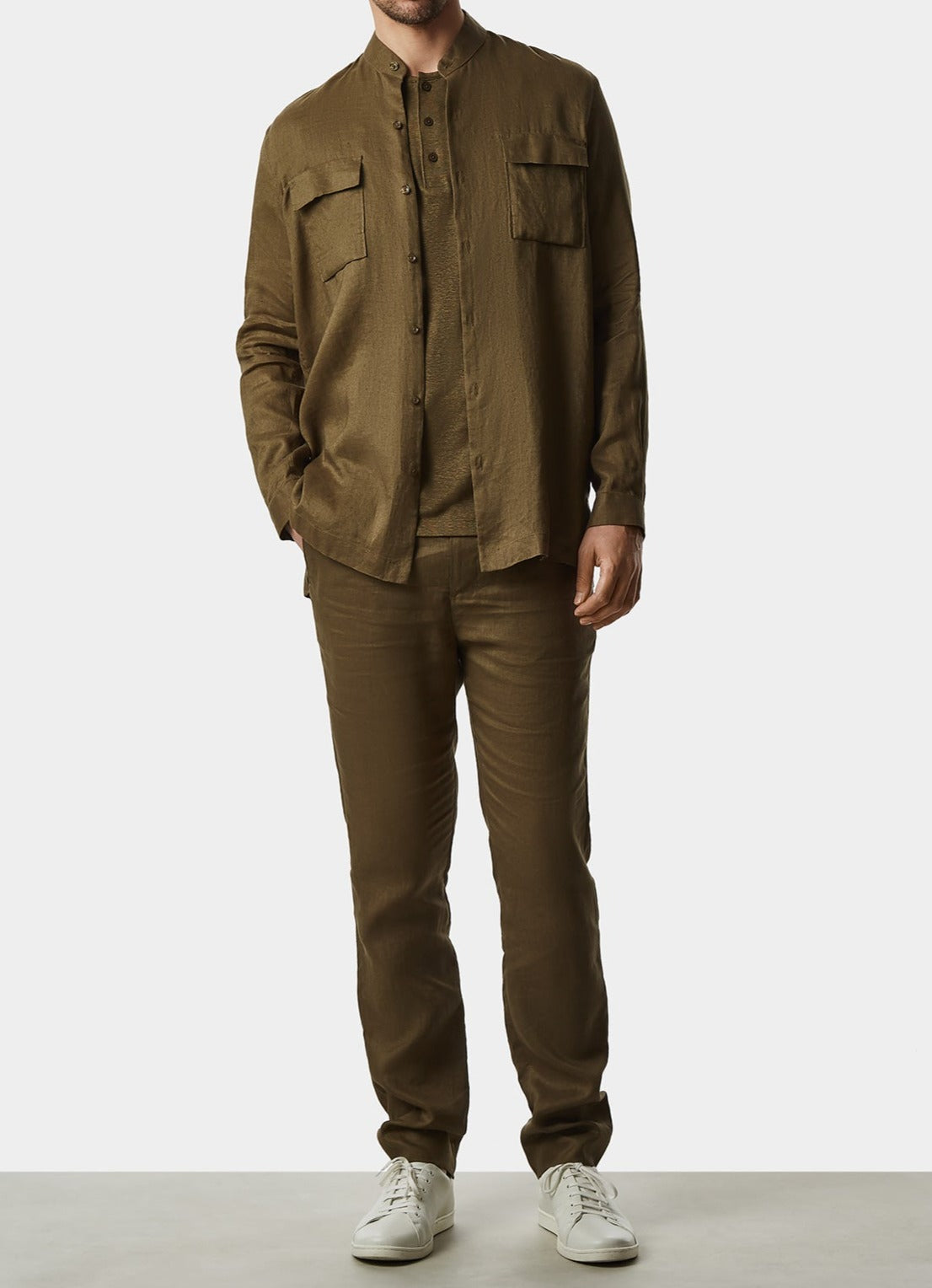 Men T-Shirt (Short Sleeve) | Ike Green Button Neck Linen T-Shirt by Spanish designer Adolfo Dominguez