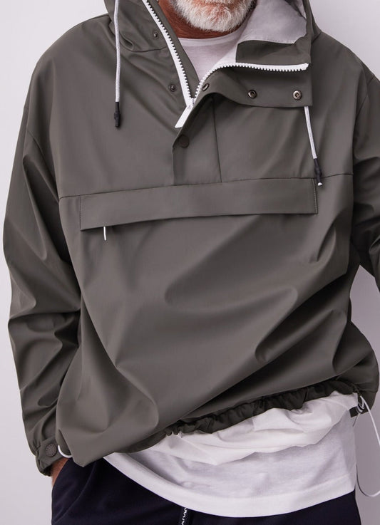 Men Jumper | Ike Green Gummed Pullover With Hood And Pocket by Spanish designer Adolfo Dominguez