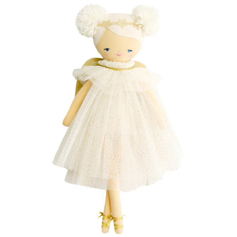 Plush doll with white hair, a white dress and gold angel wings