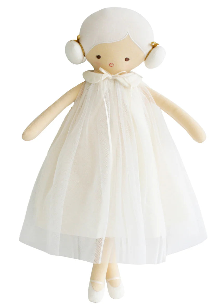Plush doll with white hair and white dress
