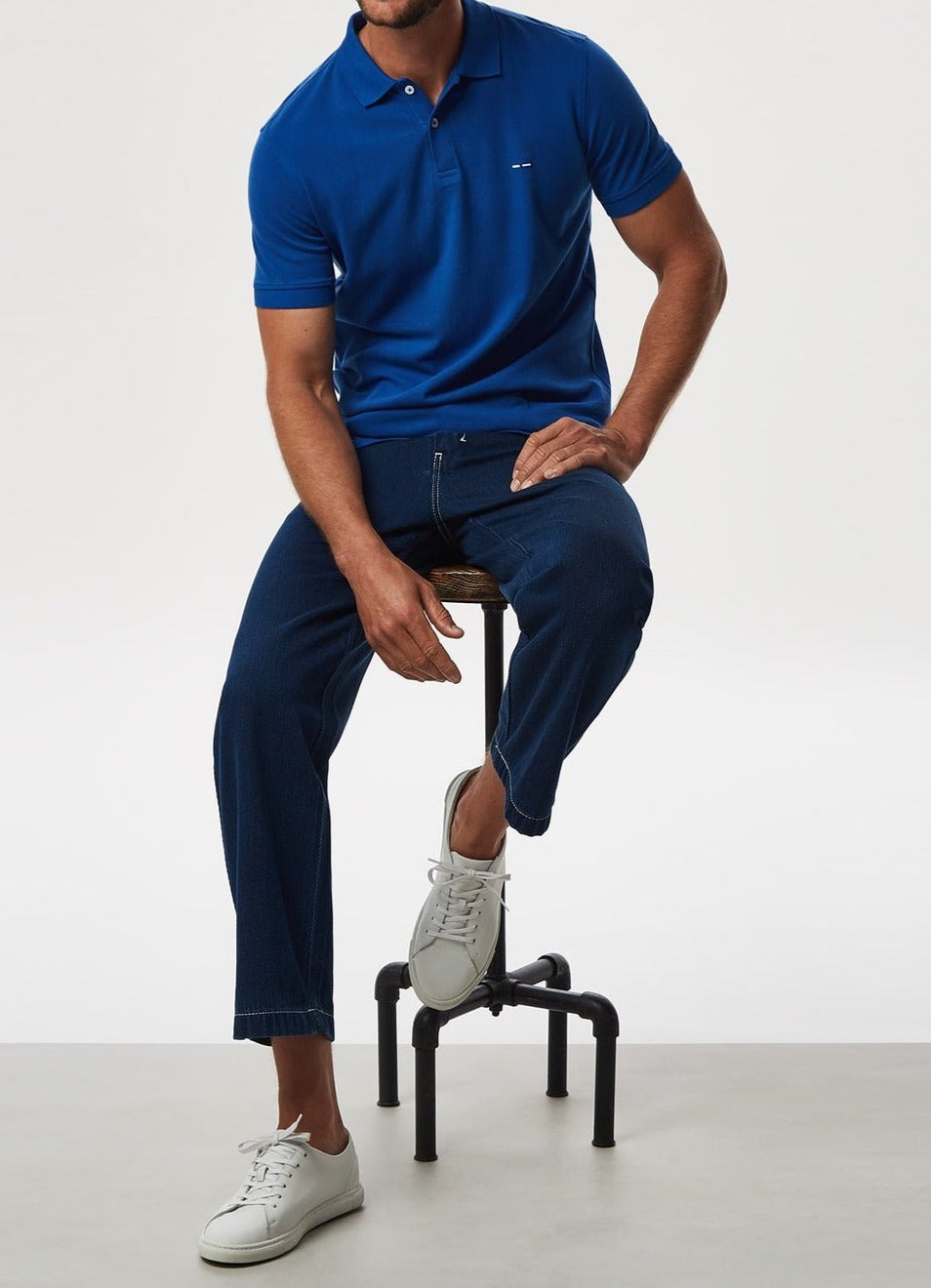 Men Polo | Ink Blue Cotton Pique Washed Polo Shirt by Spanish designer Adolfo Dominguez