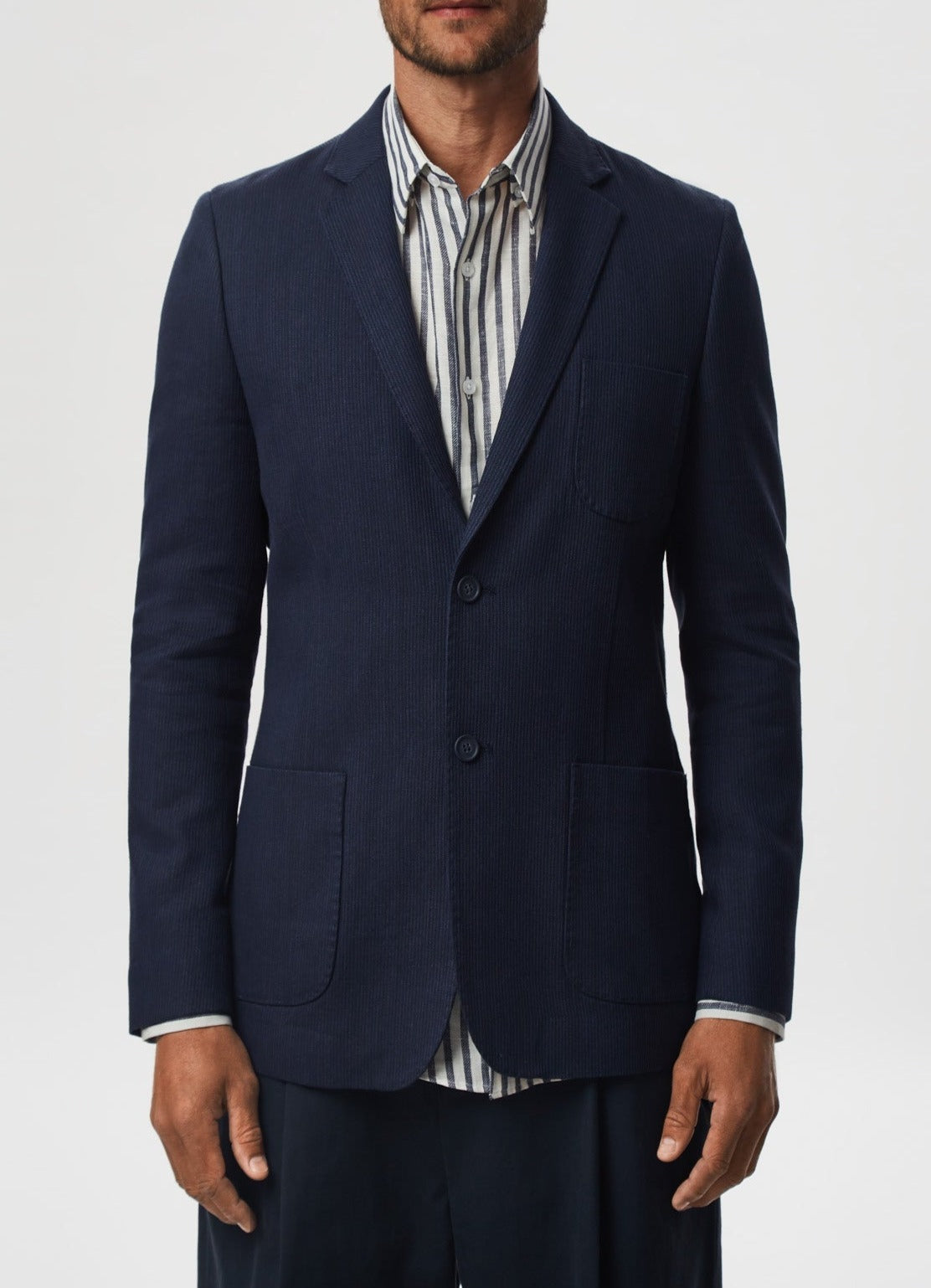 Men Unstructured Jacket | Ink Blue Washed Linen Blazer by Spanish designer Adolfo Dominguez