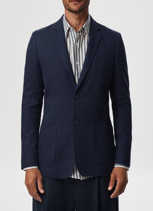 Men Unstructured Jacket | Ink Blue Washed Linen Blazer by Spanish designer Adolfo Dominguez