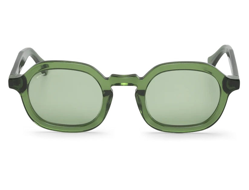 A pair of green framed oval sunglasses with green tinted lenses.