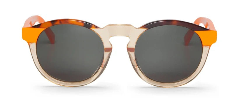 Round sunglasses with a tortoiseshell and orange frame on a white background