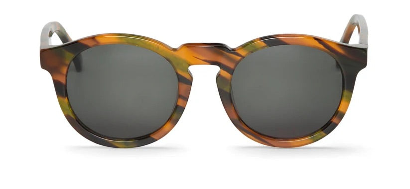 Round sunglasses with brown/green patterned frame and dark lenses 