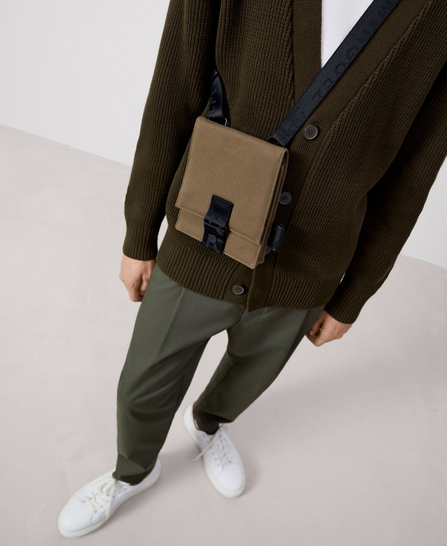 Men Bags | Khaki Cotton Canvas Small Shoulder Bag by Spanish designer Adolfo Dominguez