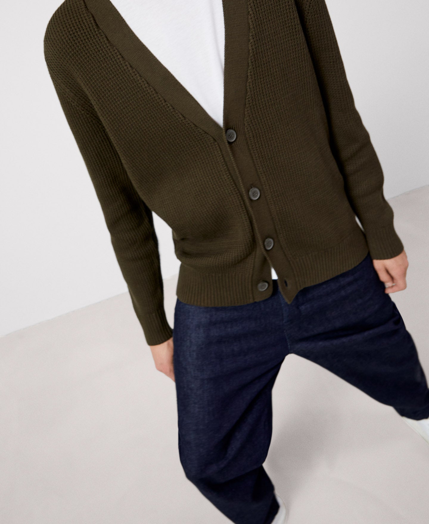 Men Knit Jacket | Khaki Cotton Cardigan by Spanish designer Adolfo Dominguez