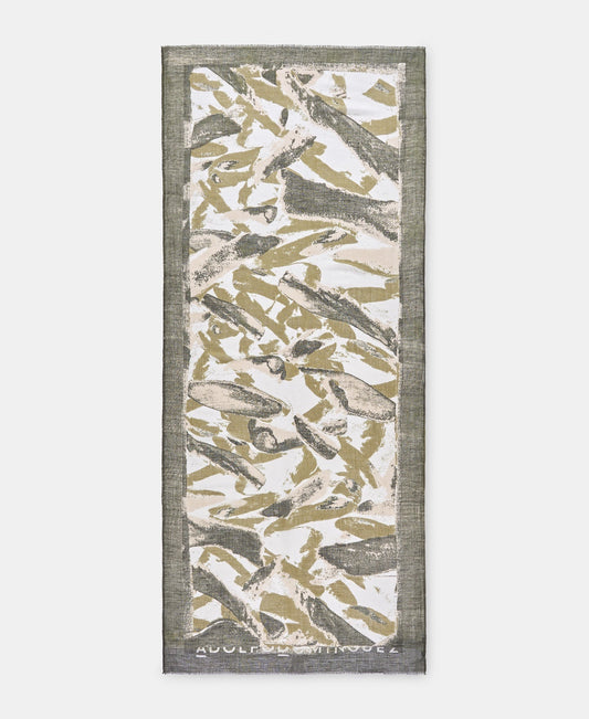 Women Shawl | Khaki Green Printed Shawl In Linen And Modal by Spanish designer Adolfo Dominguez