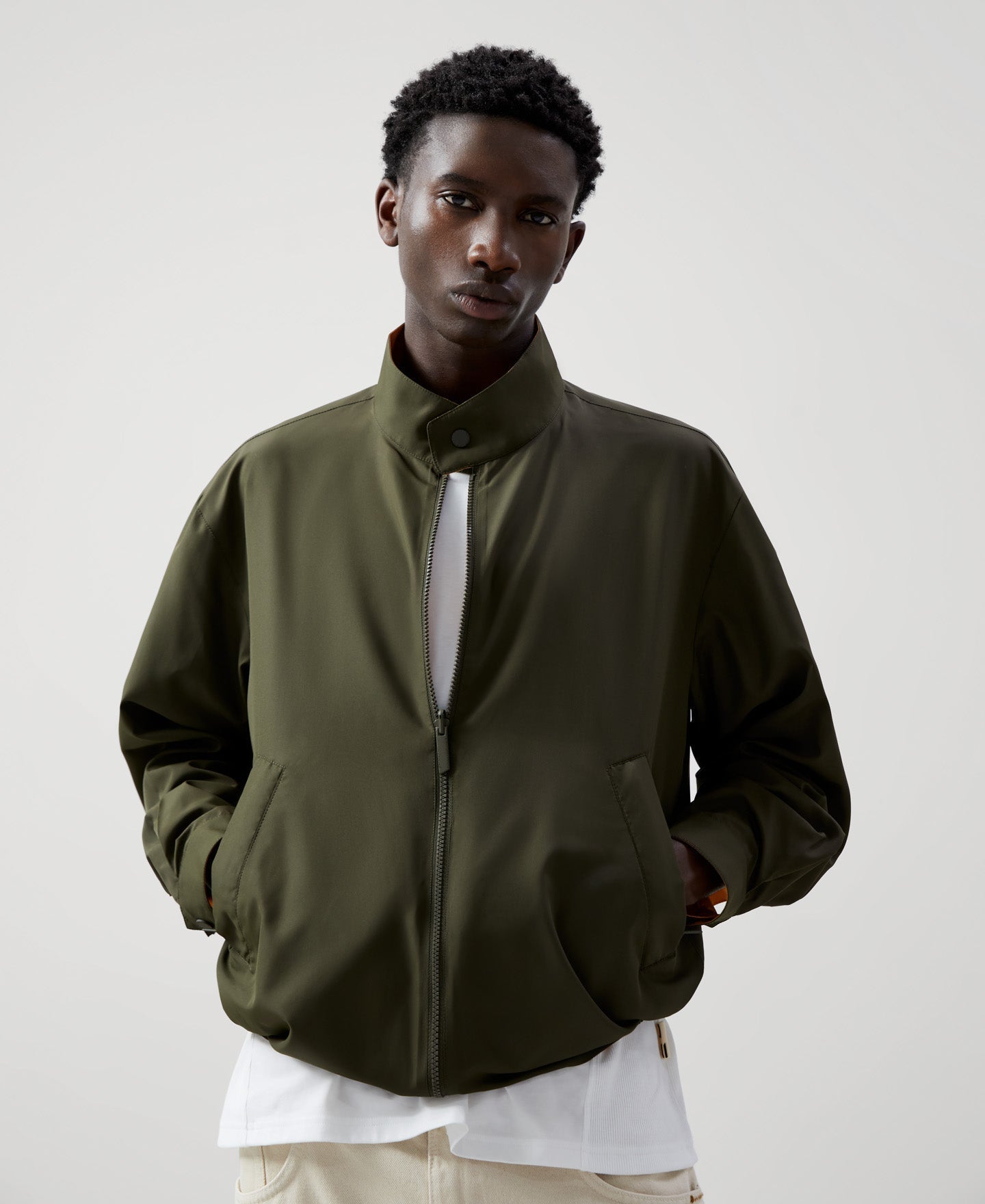 Men Jacket | Khaki Reversible Mandarin Collar Harrington by Spanish designer Adolfo Dominguez