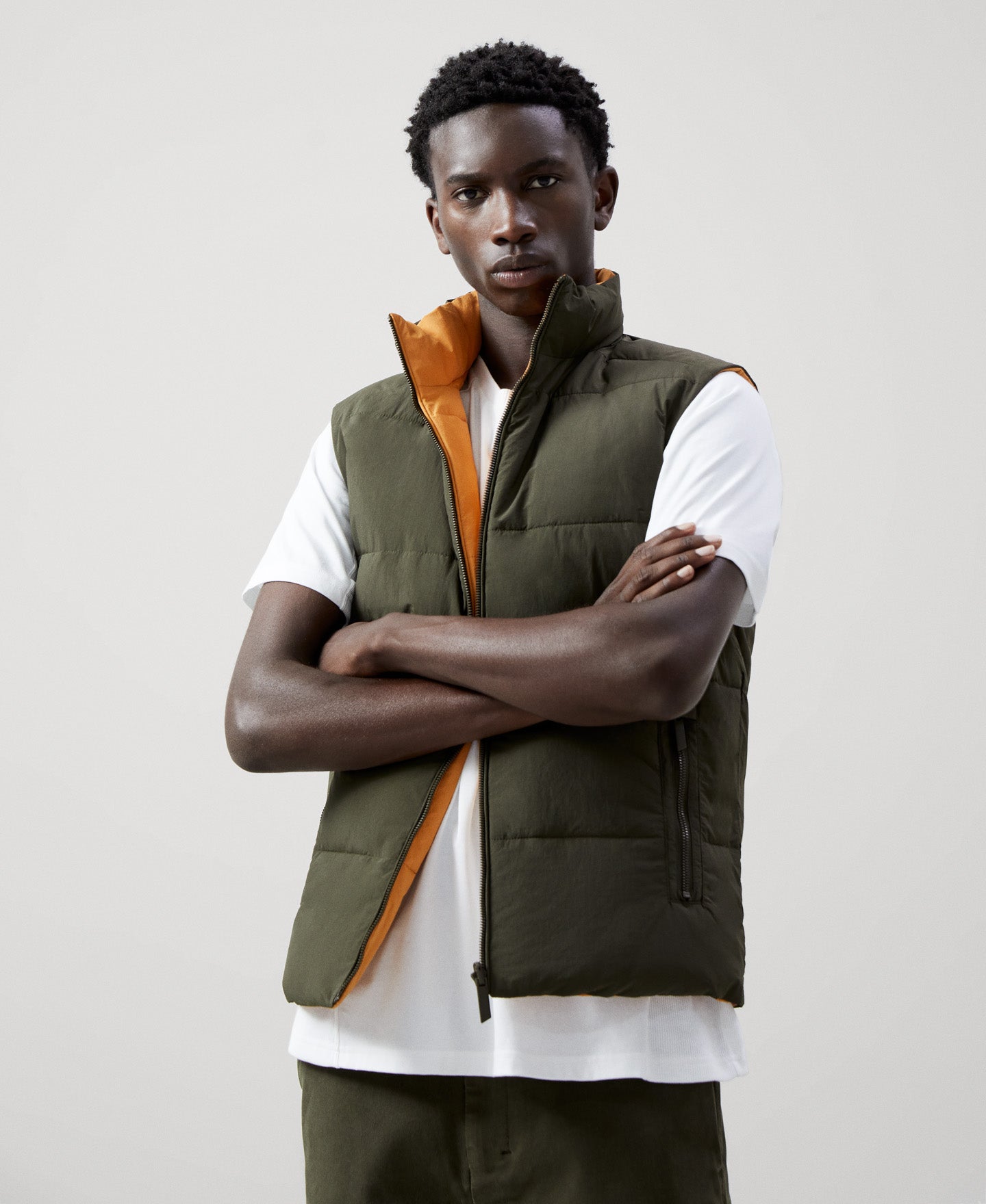 Men Vest | Khaki Reversible Padded Nylon Vest by Spanish designer Adolfo Dominguez