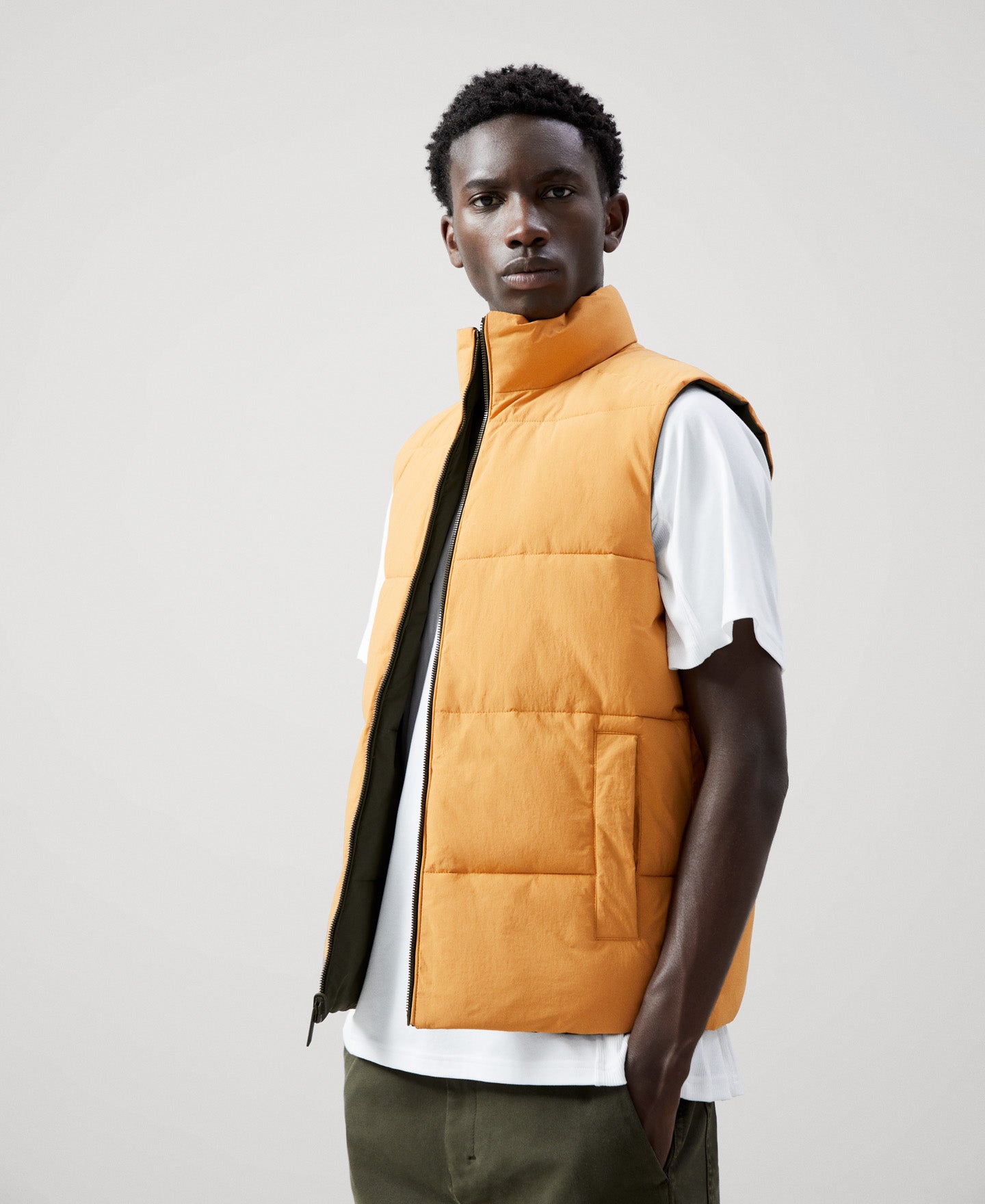 Men Vest | Khaki Reversible Padded Nylon Vest by Spanish designer Adolfo Dominguez