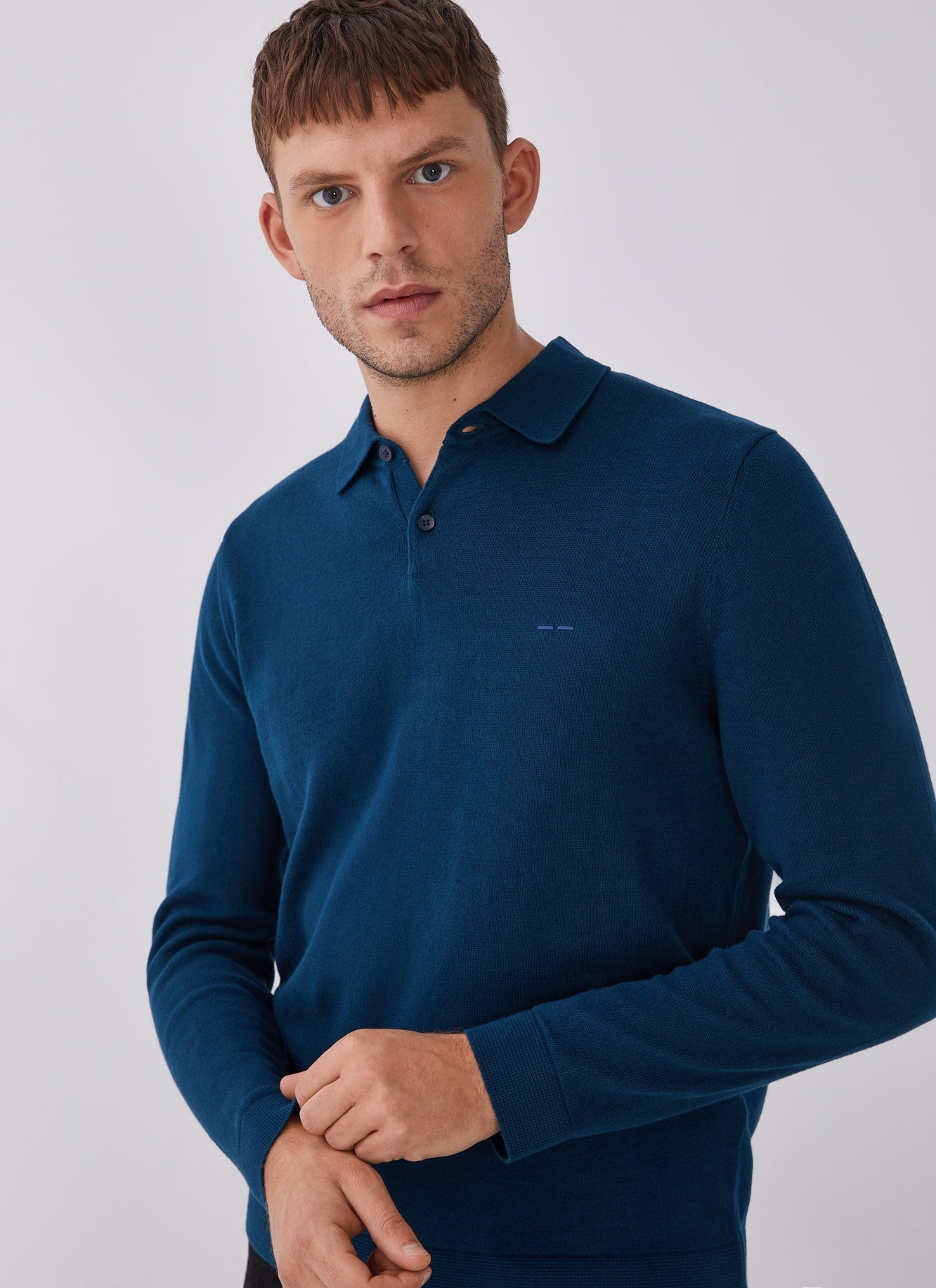 Men Knit Polo | Lagoon Long Sleeve Cotton Polo Shirt by Spanish designer Adolfo Dominguez