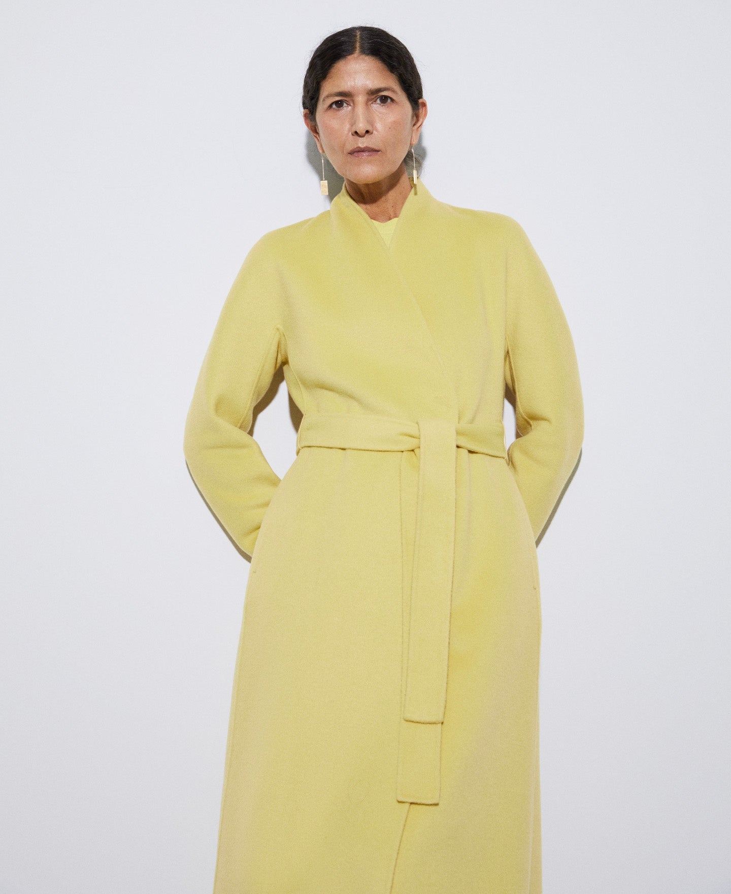 Women Coat | Lemon Yellow Double Face Wool V-Neckline Coat by Spanish designer Adolfo Dominguez