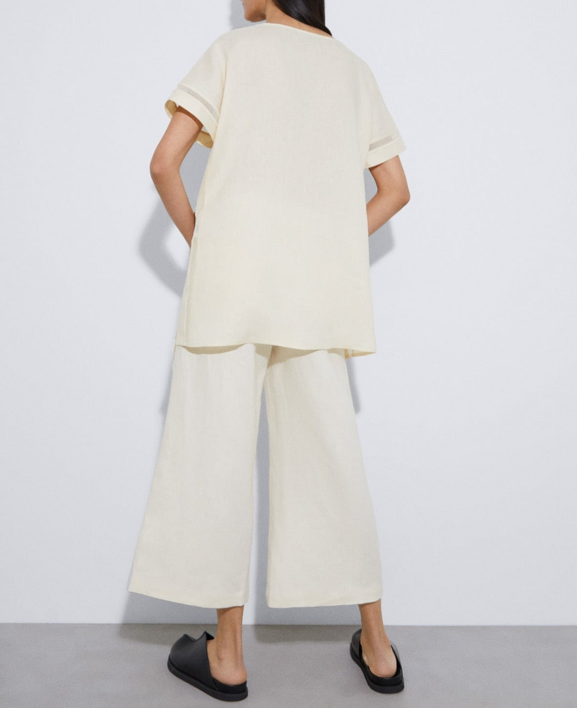 Women Short Sleeved Shirt | Light Cream Responsible Linen Tasseled Shirt by Spanish designer Adolfo Dominguez