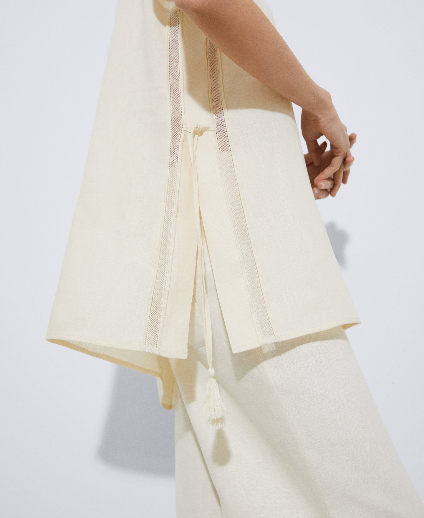 Women Short Sleeved Shirt | Light Cream Responsible Linen Tasseled Shirt by Spanish designer Adolfo Dominguez